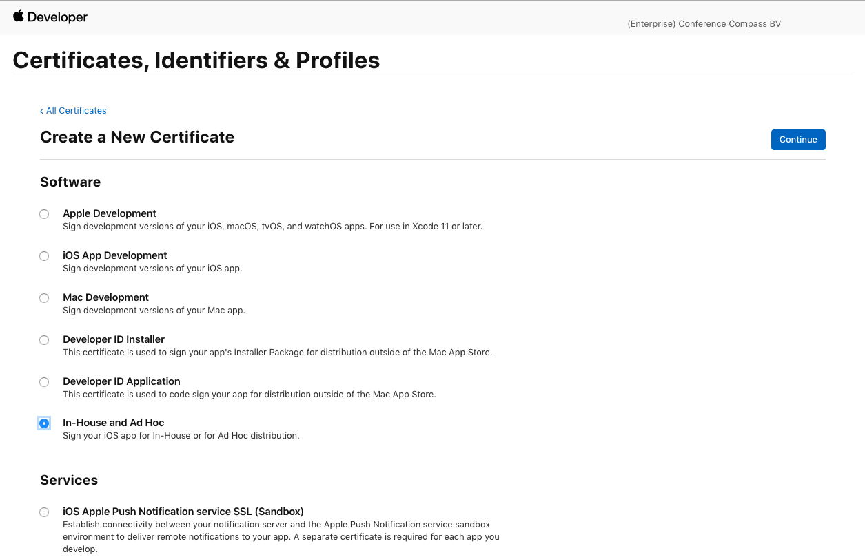 Apple Developer Enterprise Program Creating iOS certificates for test versions of the app